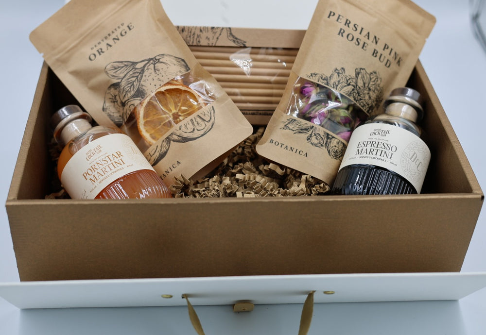 Giftbox 5: Pornstar Martini & Espresso Martini Cocktailset + Orange 20g, Pink Rose 20g & Rietjes